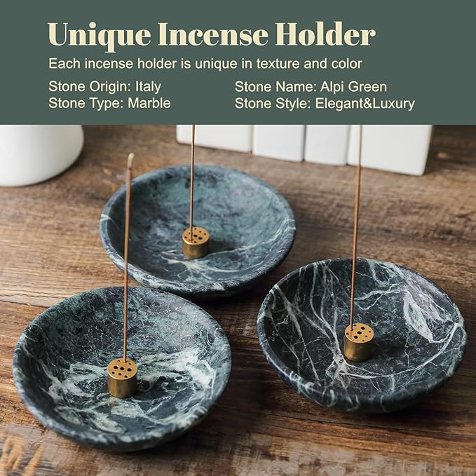 Koville Natural Marble Incense Holder, Incense Holder for Sticks with 9 Holes, Handmade Incense Burner Ash Catcher for Meditation Yoga SPA, Balsam Fir/Palo Santo/Sage/Cone (Green)