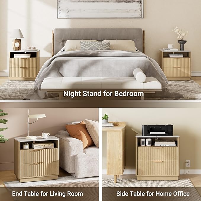 Large Fluted Nightstand Set of 2 with Charging Station, 23" Modern End Table with Faux Marble Top, 2 Drawers Side Table with Storage for Bedroom Living Room, Curved Profile (Natural Oak)