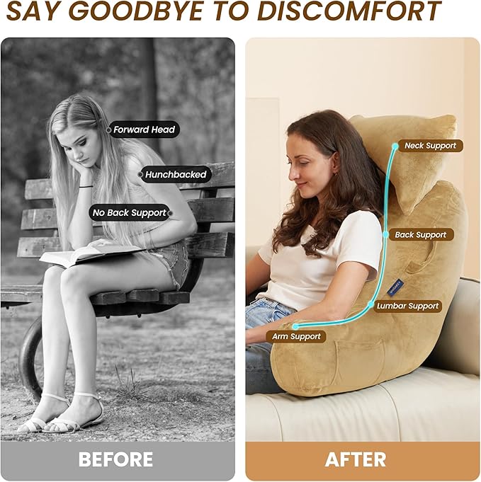 Portable Reading Pillows with Headrest for Bed Sitting Up(Camel Oeko-Tex), Velvet Back Pillow with Arms & Pockets for Adults, Support Memory Foam Bed Pillow for Dorm/Reading/Watching/Gaming