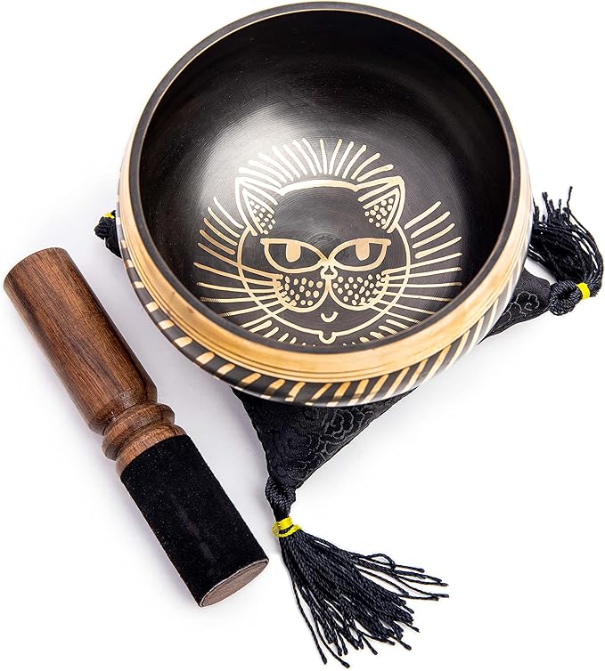 Tibetan Singing bowl Set - Easy To Play Cat Design Meditation Mindful 7 Chakra Sound Healing Handcrated Gift By HIMALAYAN BAZAAR