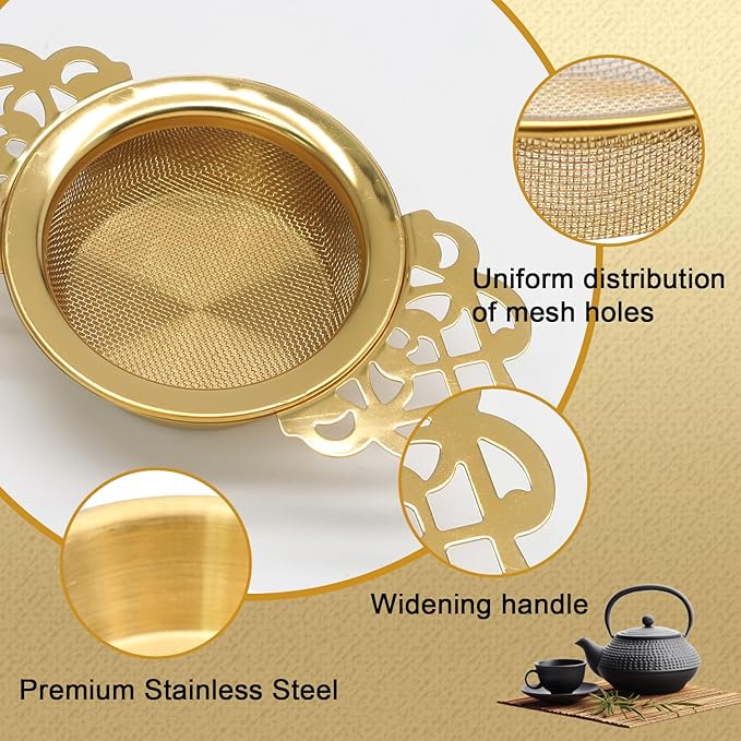 2 Pack Tea Strainers with Drip Bowls Stainless Steel Mesh Tea Infusers Loose Leaf Tea Filter with Handles Tea Steeper for Tea Juice Coffee Drinks, Gold