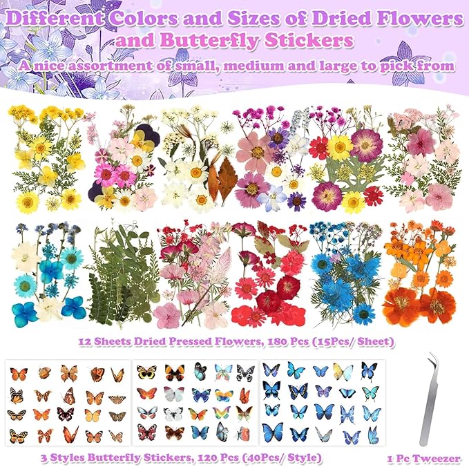 300 Pcs Pressed Dried Flowers with Butterfly Stickers for Crafts, Real Pressed Wildflowers Dry Leaves Bulk with Tweezer for Resin Jewelry Molds, Candle Soap Making, Scrapbook, Bookmark, Nails Decor