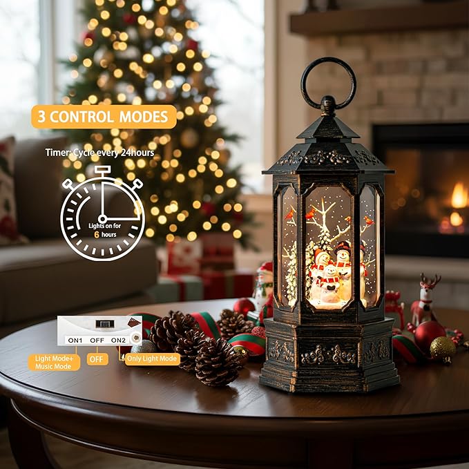 Christmas Snowman Choir Snow Globe Lantern with Swirling Glitter, USB Lined/Battery Operated Lighted Musical Snowman Carolers Water Lantern for Christmas Festival Decoration Gifts