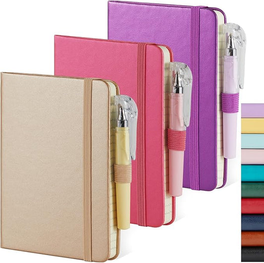 3 Pack Pocket Notebook Journal with Pen, Mini Small Notepad Notebook 3.7" x 5.7" for Women Writing, 408 Pages, Pearlescent Pink Purple Gold