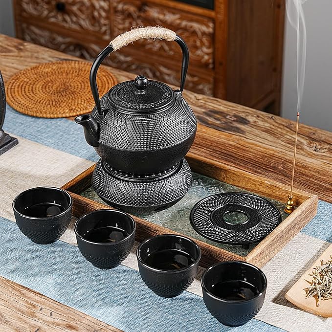 Sungmor Black Cast Iron Teapot Warmer - Japanese Tea Heater Base with Candle Holder, Heat Retaining Stand for Tetsubin or Glass & Ceramic Teapots