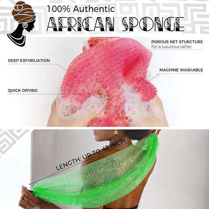 African Net Sponge Authentic - 2 Pieces Exfoliating Body Scrubber Bath Sponge Camellia&Green- Back Scrubber Washcloth for Shower - Real African Scrub Exfoliator Body Care Bathing Accessorie