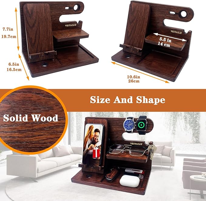 Gifts for Men Women Brother Boss Boyfriend Him Nightstand Organizer Gifts for Dad from Daughter Son Wood Phone Docking Station (Dark Brown)