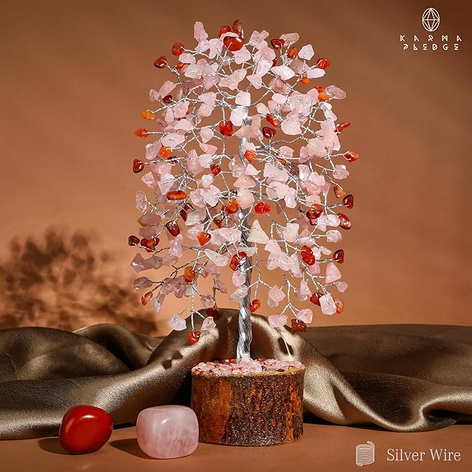 KARMAPLEDGE Healing Crystals Chakra Tree of Life for Positive Energy & Protection & Good Luck, Money, Feng Shui Decor for Home and Office Desk Decoration, Spiritual Gifts (Rose, Carnelian Dual Beads)