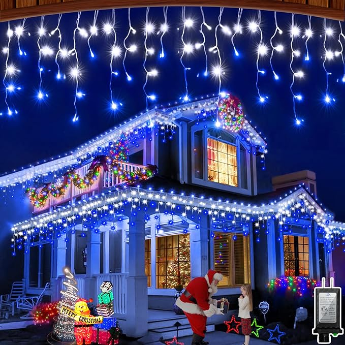 50FT 504 LED Outdoor Christmas Lights - 112 Ice Drops, 12 Pro Modes with Timer Memory & Brightness, Waterproof Hanging Ice String Light for Holiday Wedding Garden Fence House Decor (Blue & White)