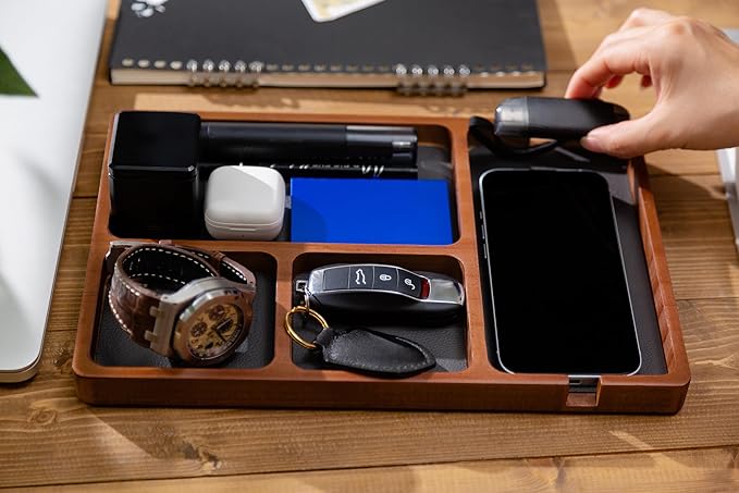 Shinpuru Wooden Valet Tray with Leather Inlay - Nightstand & Desk Organizer - EDC Essentials Catchall Tray for Keys, Phone, Wallet, Watch, Earbuds - Stylish Storage (Wood)