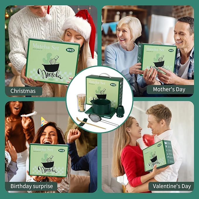 Matcha Whisk Set,Matcha Making Set with Dark Green Bowl,Matcha Whisk Holder, Stainless Sifter & Scoop, Tea Towel,Traditional Matcha Tea Set for Ceremony,Dark Green,7Pcs