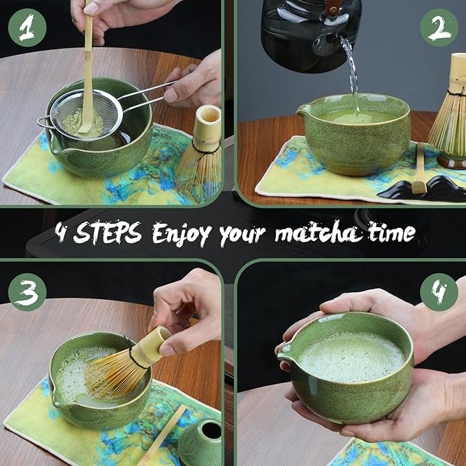 Matcha Whisk Set, 7Pcs Matcha Set Kit include Matcha Bowl, Matcha Whisk and Holder, Bamboo Scoop, Scoop Rest, Sifter and Tea Towel, Matcha Whisk and Bowl Set for Matcha Lovers and Beginers