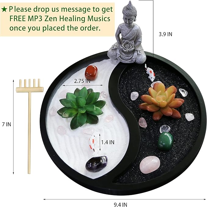 Buddha Meditation Zen Garden Kit - Home Office Tabletop Taiji Yin Yang Sand Garden Altar Zen Decor Zen Gifts DIY Mini Chakra Crystal Quartz Rock Garden w/ Nature Healing Stone Rake Tool