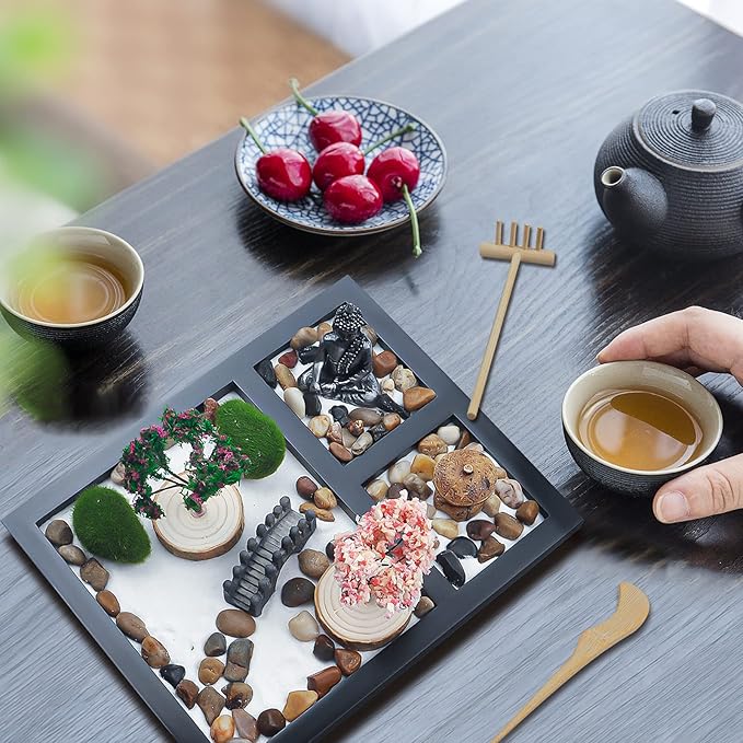 Sakura Budah Desktop Mini Zen Garden - 9" x 7" with White Sand, Artificial Bonsai Tree, Rocks, Rakes & Accessories - Meditation Gift for Office Decor