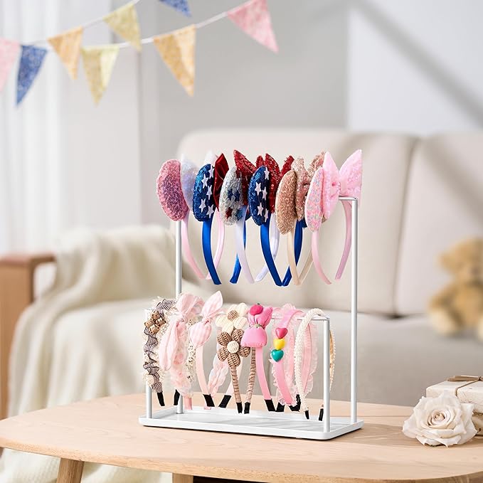 pickpiff Headband Holder Organizer Metal 2-Tier with Tray: Hair Accessories Display Stand Storage, Purse Charms Key Rings Rack Necklace Stand Home Bedroom for Girls Women, White