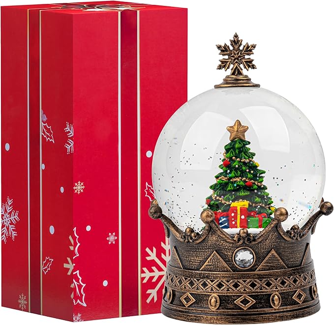 Snow Globe Lighted Christmas Decorations, Christmas Tree Musical Crown Snow Globe with Swirling Glitter, Christmas Holiday Party Gifts and Decorations