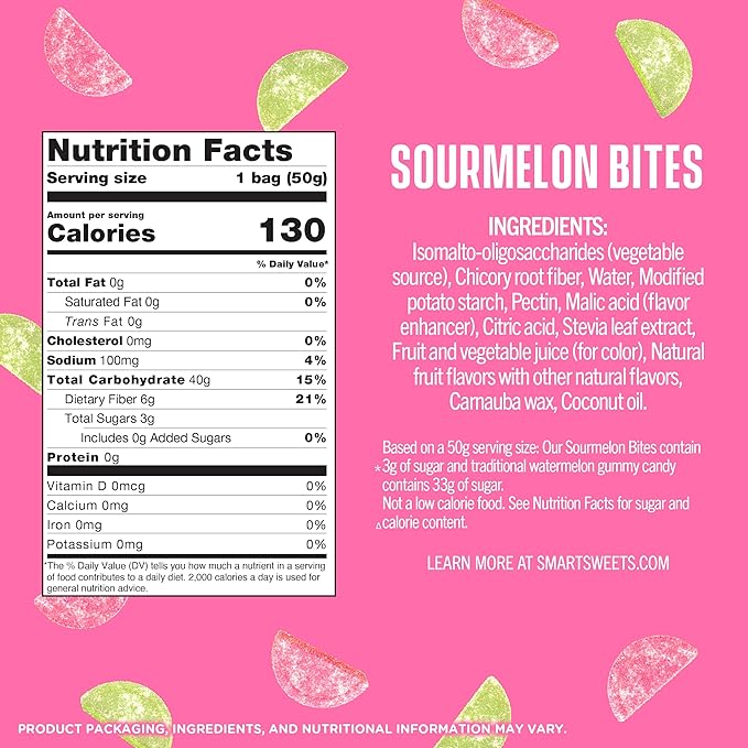 SmartSweets Sourmelon bites, Low Sugar Gummy Candy (3g), Low Calorie (130), Gluten-Free -1.8oz (Pack of 6) Packaging may vary