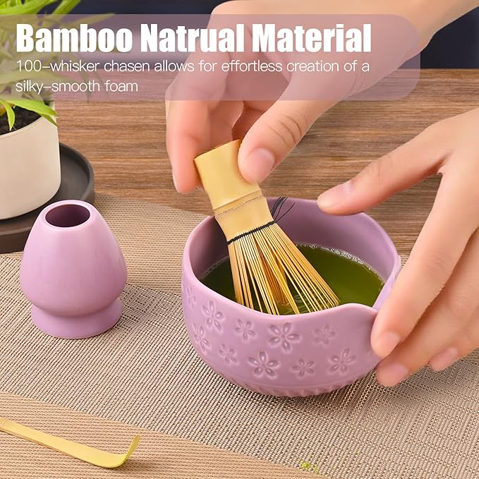 APLSTOW Matcha Whisk Set - Traditional Japanese Handmade Bamboo Matcha Whisk and Holder, Matcha Bowl,Bamboo Scoop, Scoop Rest, Sifter and Tea Towel (Purple)