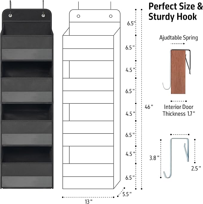 Over Door Organizer with 4 Large Capacity Pockets, Heavy Duty Hanging Organizer Storage for Closet Bathroom Nursery Bedroom Dorm, Toys Cosmetics Sundries and Baby Essentials, Black