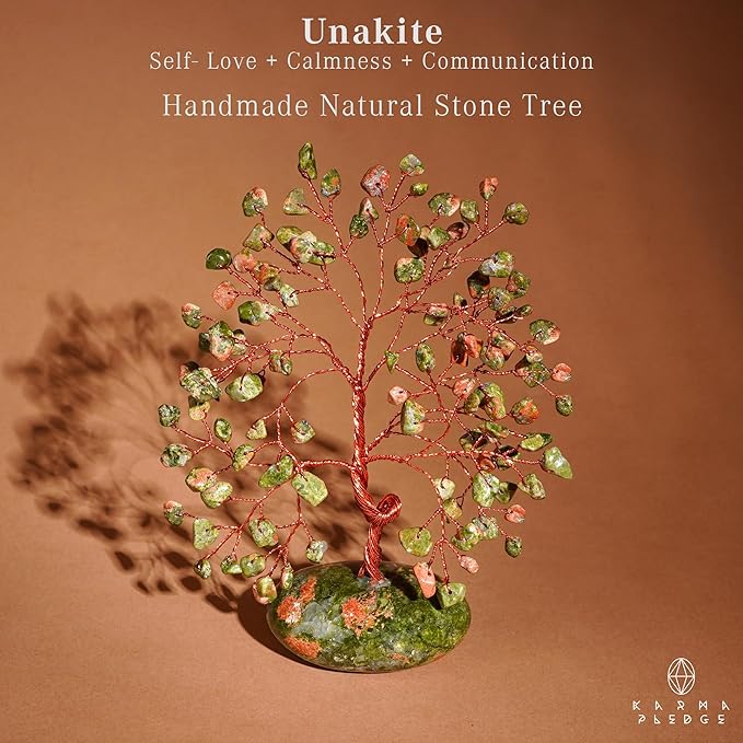 KARMAPLEDGE Crystal Tree of Life Home and Office Feng Shui Decor, Unakite Healing Crystal Handmade Bonsai Tree for Positive Energy, Good Luck, Money, Christmas Decor, Birthday Gifts for Women, Mom