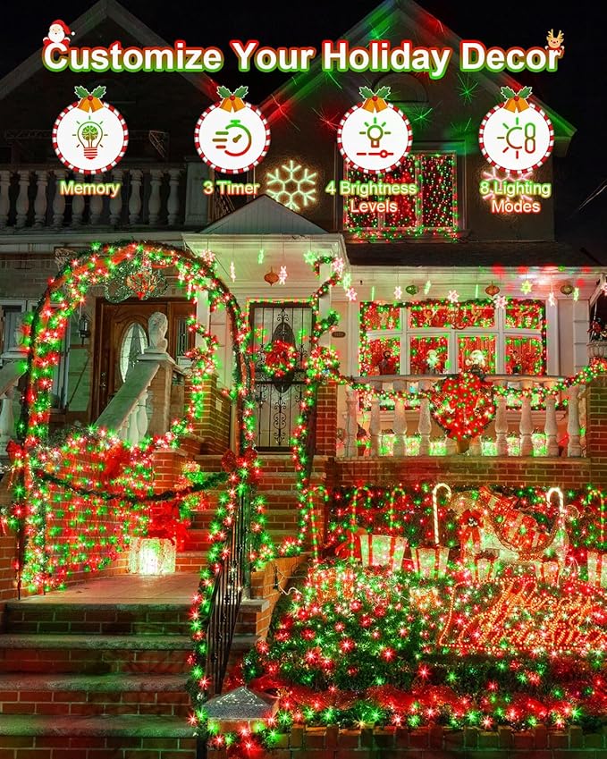 355FT 900 LED Red Green Christmas Lights, Extra Long Outdoor String Lights Waterproof, Timer & Memory, 8 Modes Dimmable Plug in Fairy Light for Outside Tree Patry Holiday Indoor Xmas Decorations