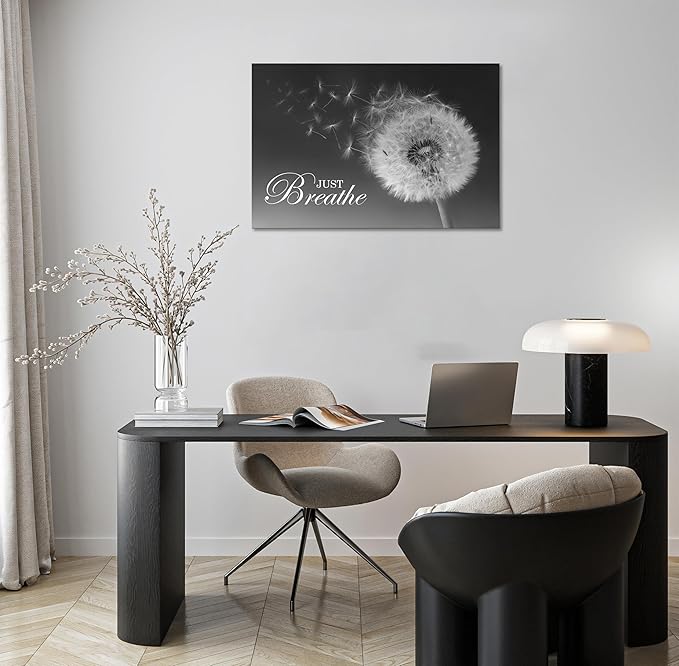 SKASNFAI Just Breathe Wall Art Zen Office Wall Decor Inspirational Yoga Quotes Positive Relax Artwork Picture Black and White Dandelion Posters Print for Meditation Room (28L x 44W)