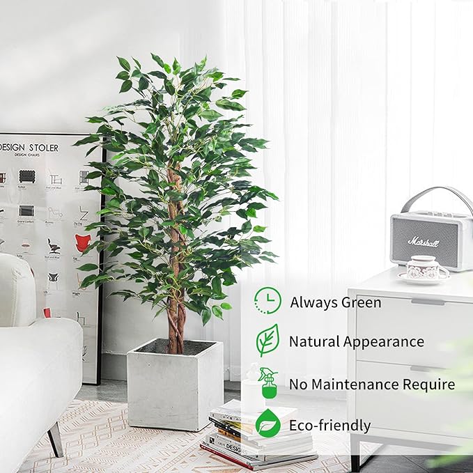 Artificial Ficus Tree 4FT Faux Silk Plants with Sturdy Plastic Nursery Pot,Fake Ficus Trees for Home Office Farmhouse Indoor Outdoor Decor Perfect Housewarming Gift (4FT-1Pack)