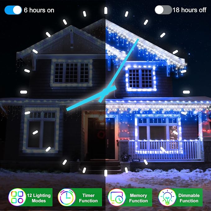 82FT 810 LED Outdoor Christmas Lights - 180 Ice Drops, 12 Pro Modes with Timer Memory & Brightness, Waterproof Hanging Ice String Light for Holiday Wedding Garden Fence House Decor (White & Blue)