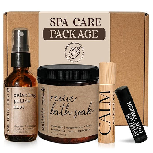 SOULISTIC ROOT Spa Kit for Women – Relaxing Self Care Gift Set with Lavender Pillow Spray, Mint Lip Balm, Calm Essential Oil Roller & Epsom Salt Bath Soak – Luxury Pampering Package for Home & Bath