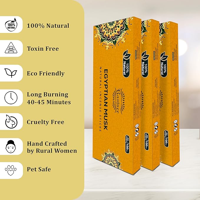 Raajsee Egyptian Musk Incense Sticks 100 Gm Pack-100% Pure Organic Natural Hand Rolled Free from Chemicals-for Church,Aroma Therapy,Relaxation,Meditation & Sensual Therapy