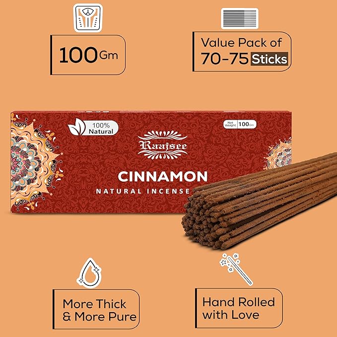 Raajsee Cinnamon Incense Sticks 100gm, Charcoal Free - !00% Natural - Organic Non-Toxic Insence Sticks, Inscents Made with Upcycled Flowers, Meditation Gifts – Spiritual Cleansing