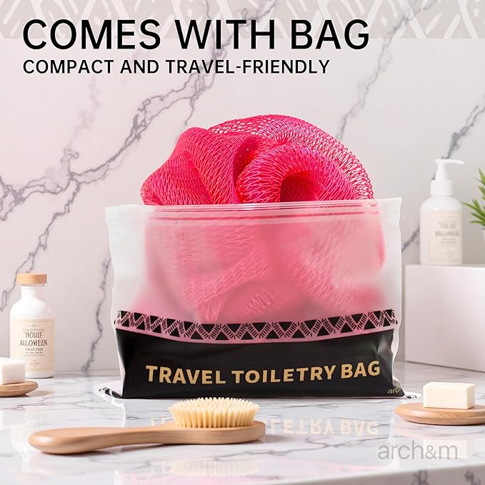 African Net Sponge Authentic Exfoliating - Exfoliating Body Scrub Bath Sponge Back Scrubber Washcloth for Shower Toiletry Bag Real Afroscrub Exfoliator Bathing Care Accessories Purple + Pink ARCH&M