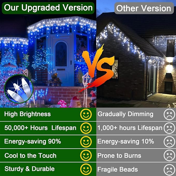 50FT 504 LED Outdoor Christmas Lights - 112 Ice Drops, 12 Pro Modes with Timer Memory & Brightness, Waterproof Hanging Ice String Light for Holiday Wedding Garden Fence House Decor (Blue & White)