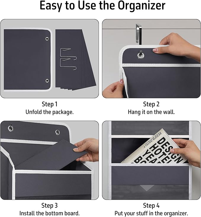 Over Door Organizer with 4 Large Capacity Pockets, Heavy Duty Hanging Organizer Storage for Closet Bathroom Nursery Bedroom Dorm, Toys Cosmetics Sundries and Baby Essentials, Gray