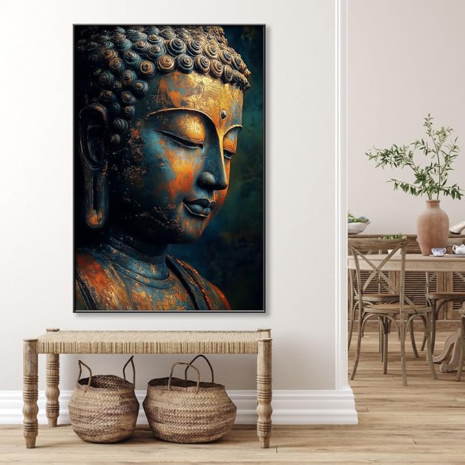 Buddha Statue Canvas Art, Zen Meditation Décor, Framed Print for Bedroom, Yoga Room, and Living Room (Black Framed, 20"x30"|51x76cm)