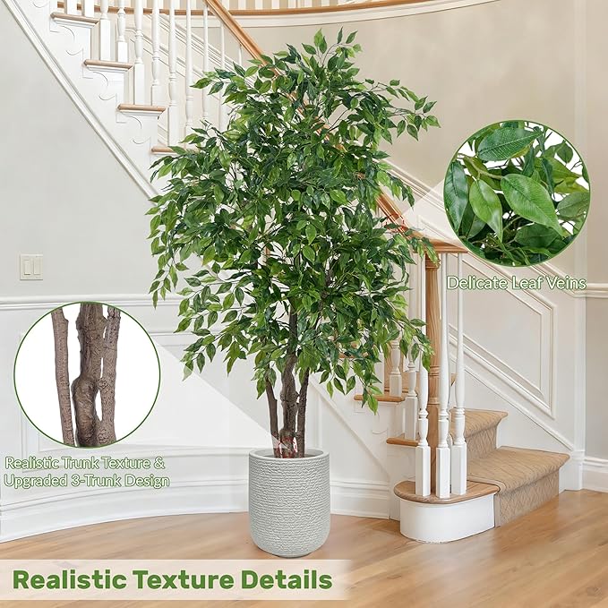 Ficus Tree Artificial with Triple Trunks, 5.5ft Fake Ficus Tree in Black Pot, Tall Artificial Tree Potted Plant for Indoor Outdoor Home Office Living Room Patio Bedroom Decor