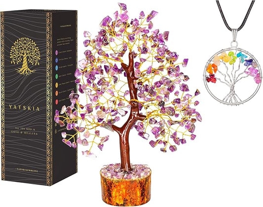 YATSKIA Amethyst Crystals Tree of Life - Stones and Crystals - Bonsai Tree - Good Luck Gifts for Women - Meditation Accessories - Chakra Stones Decor
