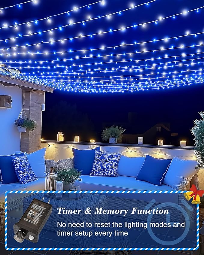 Blue White Christmas Lights Outdoor,Total 710FT 1800 LED,Extra Long String Lights Waterproof, Timer & Memory, 8 Modes Dimmable Plug in Fairy for Outside Tree Wedding Patry