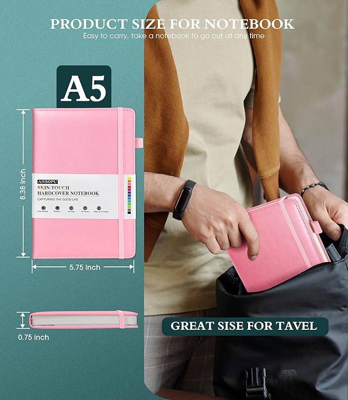 Lined Journal Notebook for Women, A5 100 GSM Thick Paper, Pink Leather Hardcover Journal for Writing, Travel Journal Diary 160 Pages (5.75'' X 8.38'')