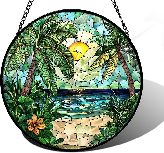 Stained Glass Window Hanging, Green Beach Scenery Suncatcher Diamond Glass Panel Hangings Sun Catchers Decor for Birthday for Women, Men, Wife, Aunt, and Mom 11.8x11.8 in