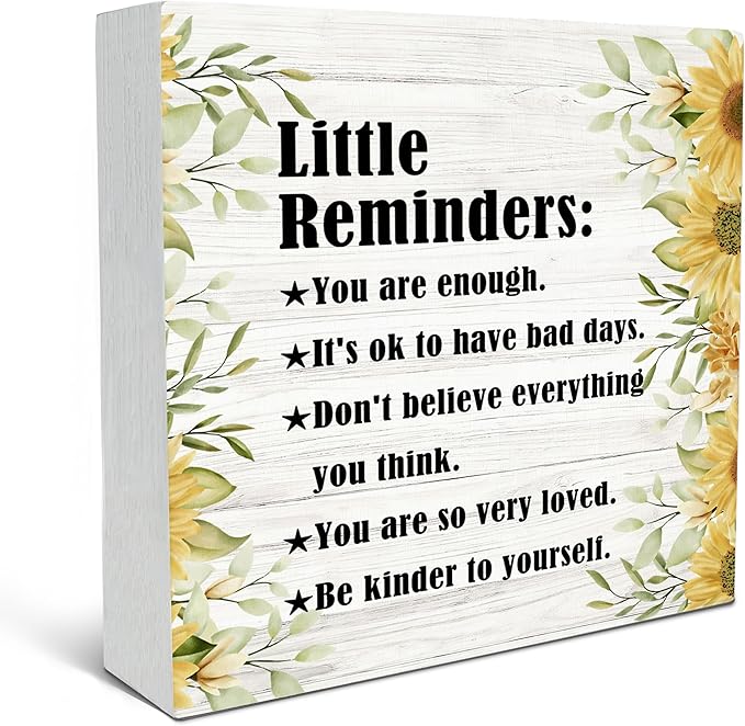 SRADMO Inspirational Little Reminders Wood Box Sign Desk Decor, Inspirational Desk Decor, College Motivational Positive Affirmation Gifts Box Sign For Office Home Dorm Tabletop Decoration(Yellow)