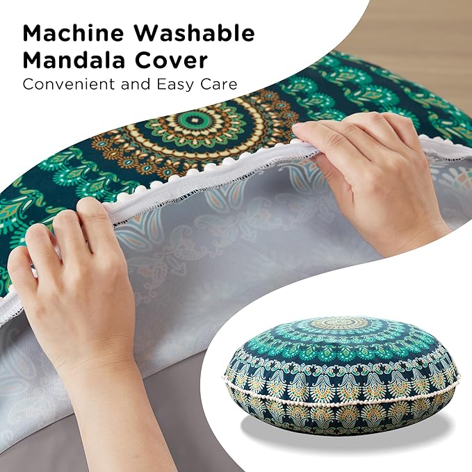 Codi Meditation Floor Pillow Set of 2, Round Large Pillows Seating for Adults, Bohemian Mandala Circle Cushions for Outdoor Fireplace Yoga Living Room, 32 Inch, Memory Foam Added, Green