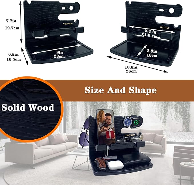 Gifts for Men Dad Women Husband Boyfriend Him Nightstand Organizer for Men Wood Phone Docking Station Birthday Gifts (Black)