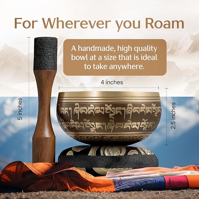 Handmade Tibetan Etched Singing Bowl Set – Sound Bowl & Meditation Bowl with Cushion, Mallet & Guide – Yoga Kit – Stress Relief Tools – Ancient Himalayan Meditation Tools