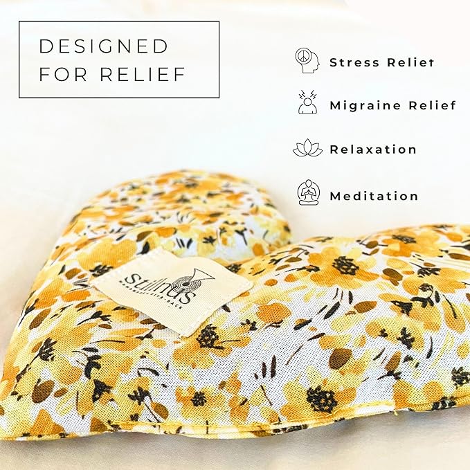 Hormone Balance Eye Pillow – Yellow Floral Heart with Lavender + Flaxseed – Anxiety Relief Compress for Sleep, Emotional Regulation, & Self-Care Under $40