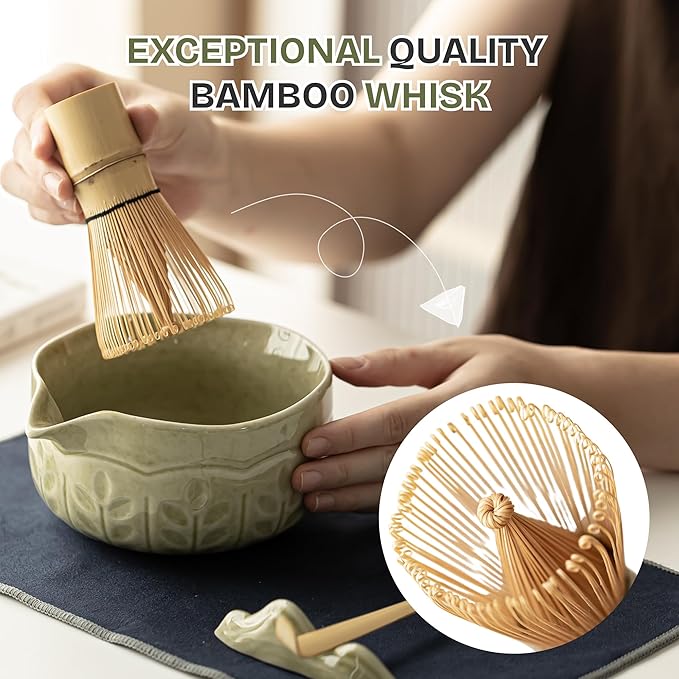 TEPEAK Matcha Whisk Set, 7 Pcs Matcha Set Green, Matcha Kit for Ceremony, Matcha Tea Set for Making Breakfast/Latte, Ceramic Matcha Bowl (Chawan) with Spout and Bamboo Whisk, Gift for Friend/Family