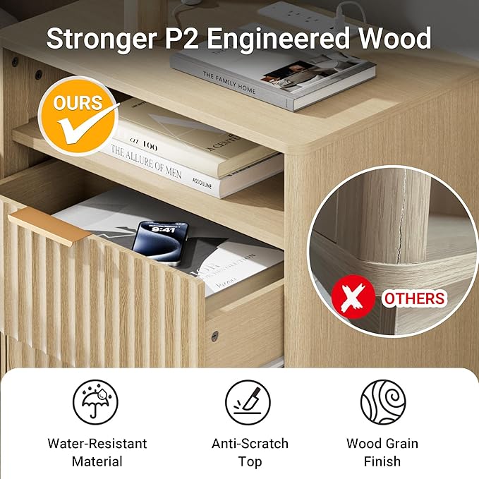 Fluted Nightstand Set of 2 with Charging Station, 18" Modern Farmhouse Night Stand, 2 Drawers End Table with Storage, Bedside Table for Bedroom Home Office, Curved Profile (Natural Oak)