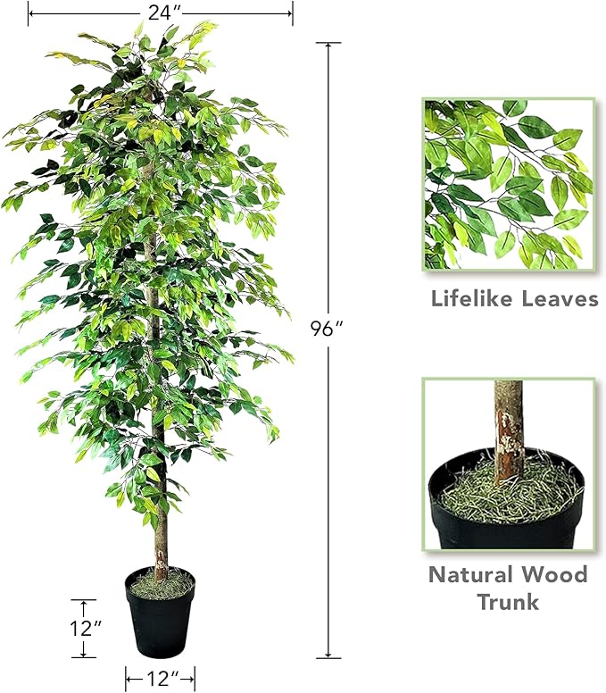 Artificial Ficus Tree in Black Plastic Pot - Real Wood Trunk, Preassembled, No Maintenance Indoor Faux Plant - Living Room, Home & Office Decor (8ft Tall)