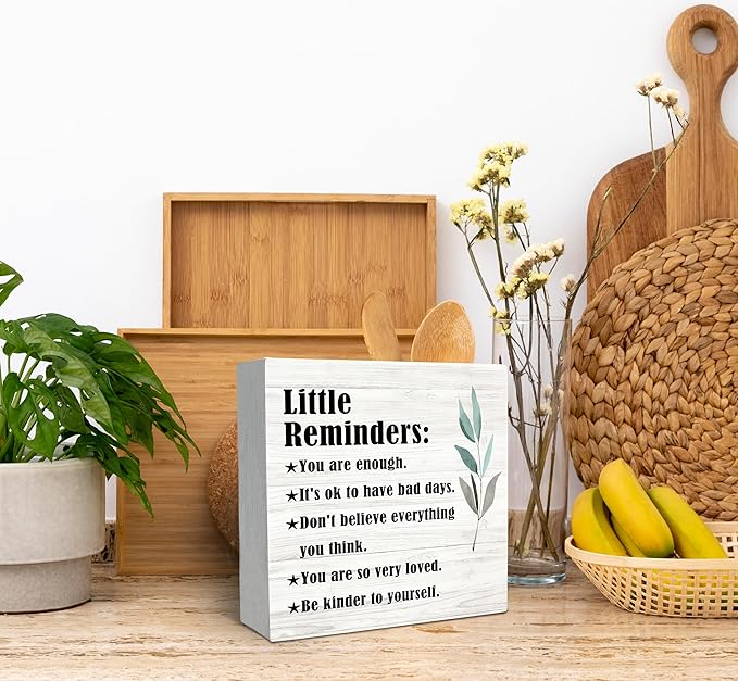 SRADMO Inspirational Little Reminders Wood Box Sign Desk Decor 6x6, Inspirational Desk Decor, College Motivational Positive Affirmation Gifts Box Sign For Office Home Dorm Tabletop Shelf Decoration