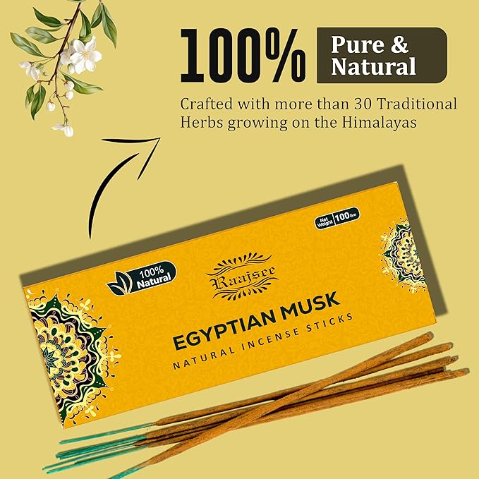 Raajsee Egyptian Musk Incense Sticks 100 Gm Pack-100% Pure Organic Natural Hand Rolled Free from Chemicals-for Church,Aroma Therapy,Relaxation,Meditation & Sensual Therapy